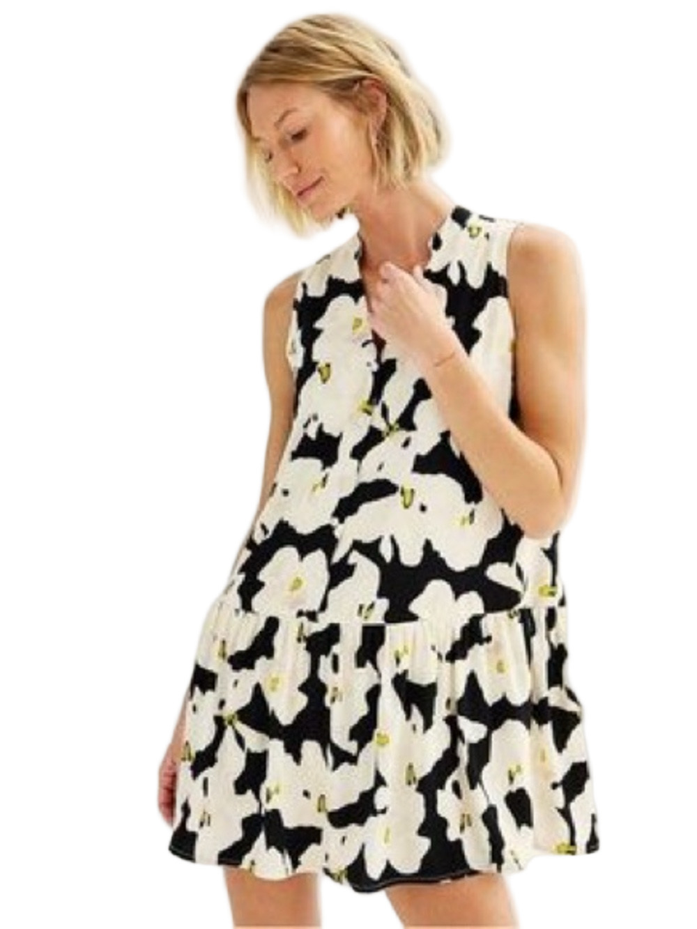 Nine West Floral Tiered Sleeveless Dress - White & Black